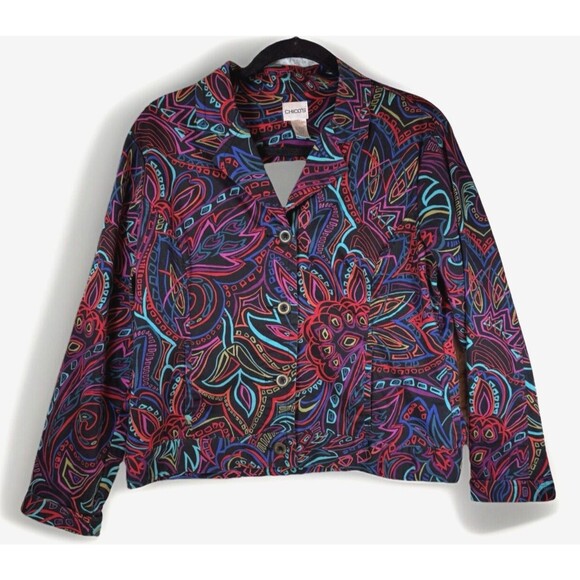Chico's Jacket Large Size 2 Multi-Color Long Sleeve Button Front Travel Cotton - Picture 1 of 7